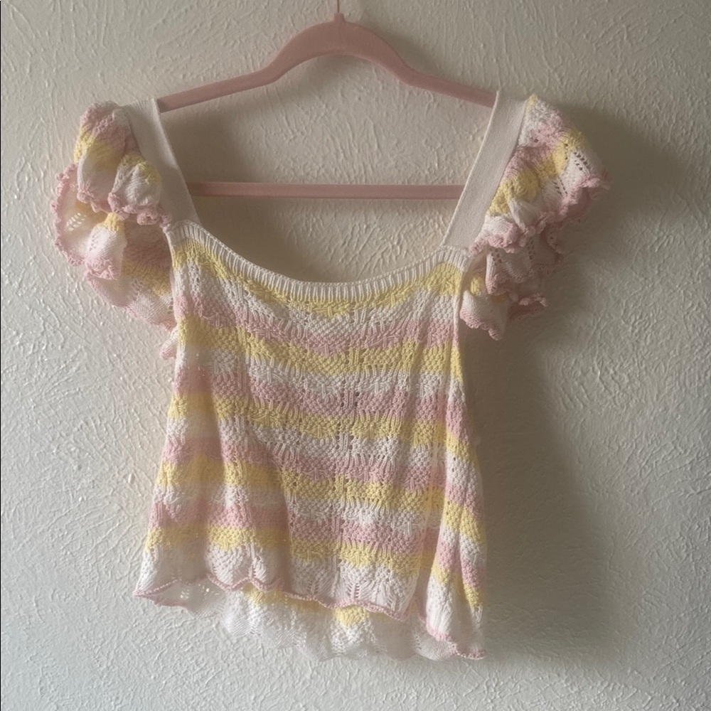 Cupcake Clothing LTD Striped Ruffle Sleeve Knit Crop Top